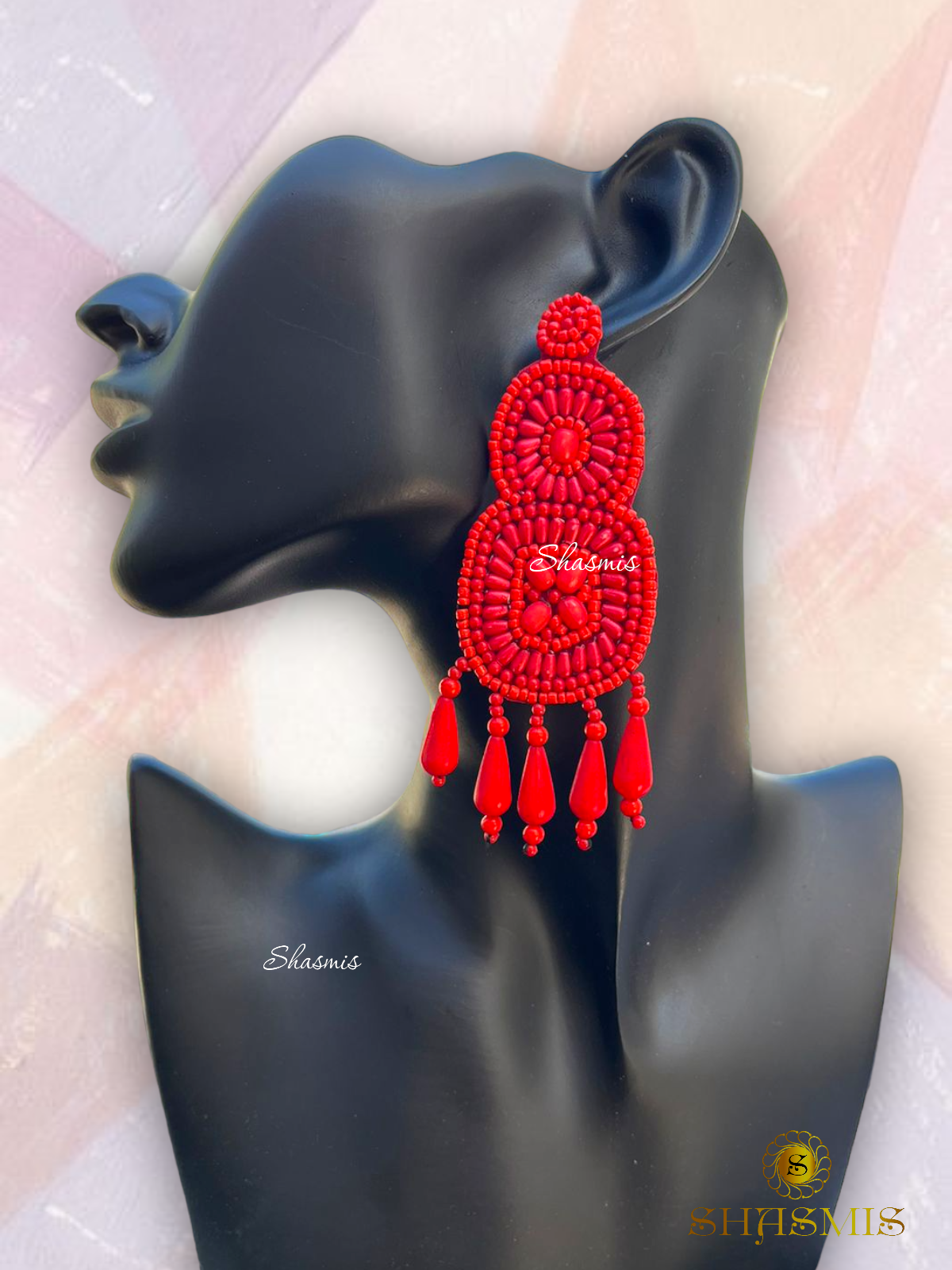 Red Color Beads With Design Drop Beads Embroidery Necklace And Earrings