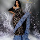 Black Color Saree With Golden Design And Grey Color Ruffle