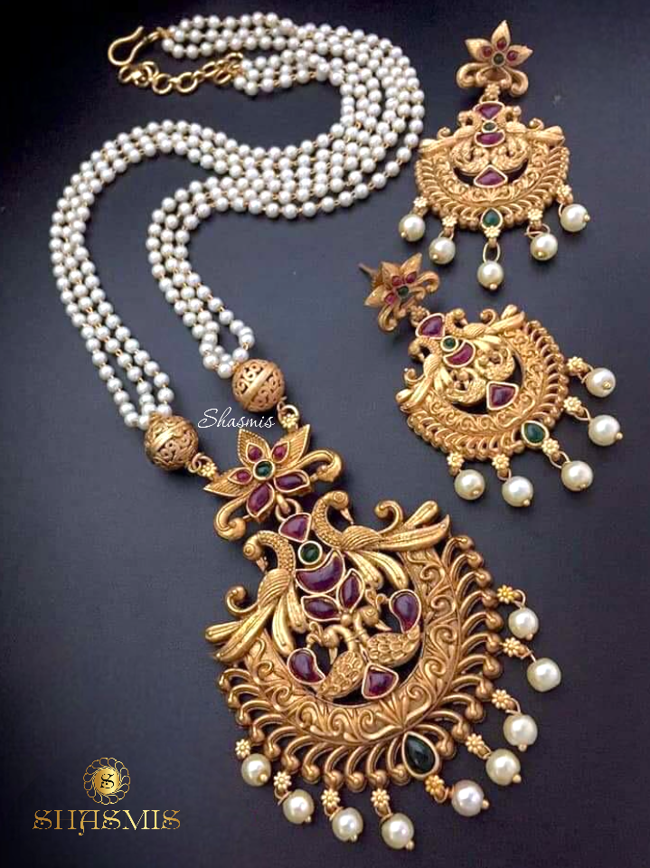 Long Pearl Temple Jewellery Necklace With Earrings