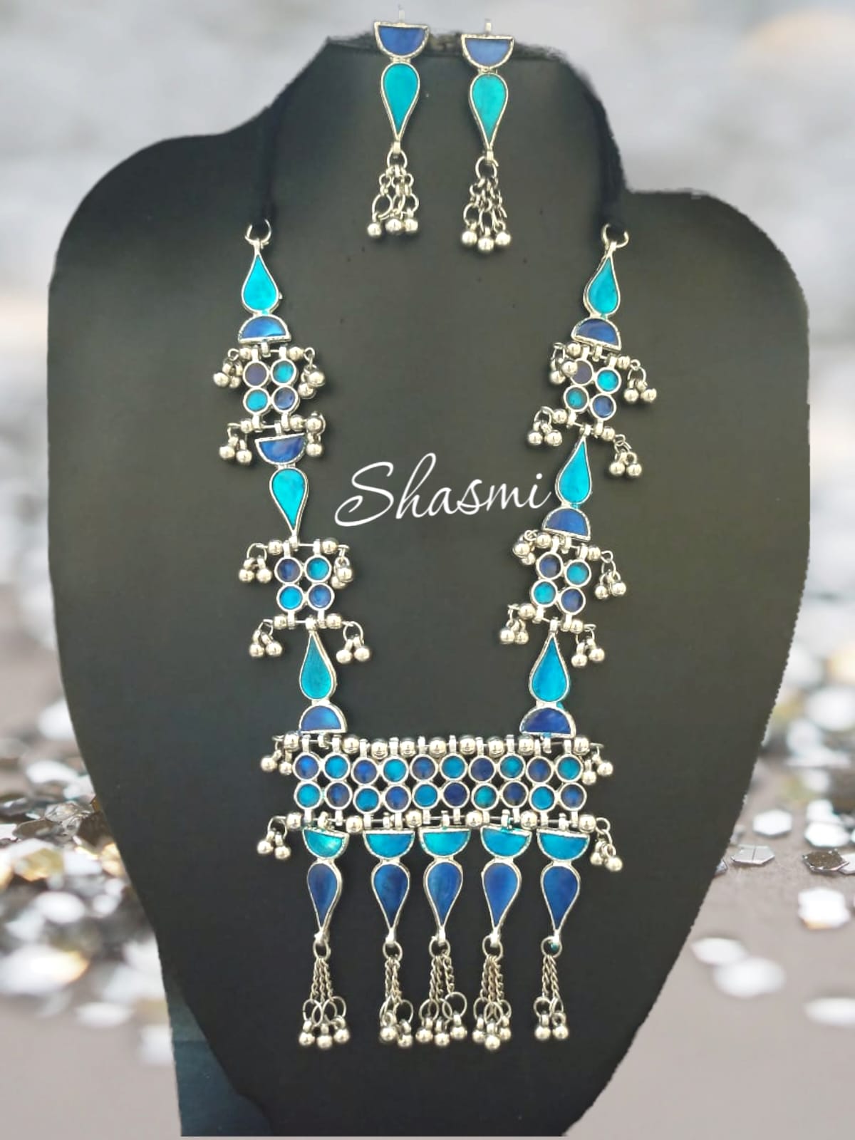 Blue Shade Oxidised Long Necklace With Earrings