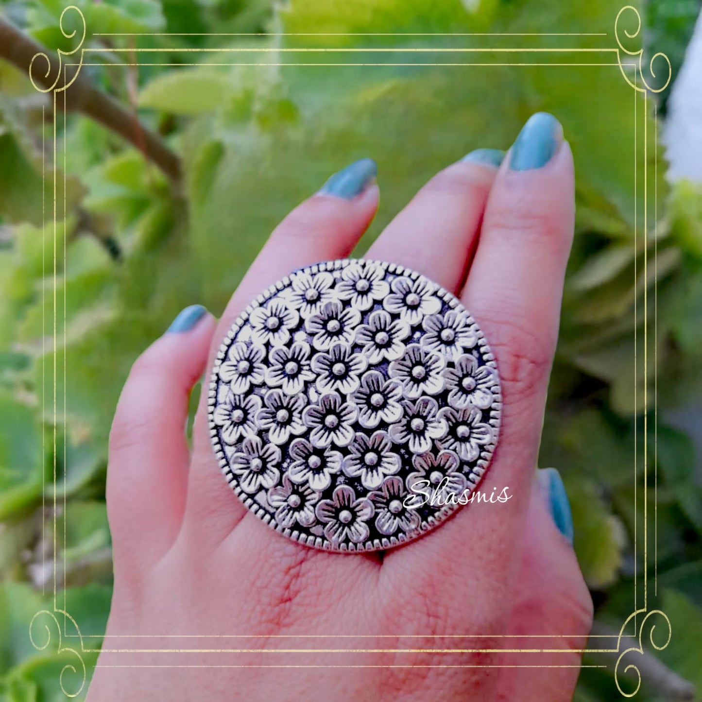 Flower Oxidised Ring