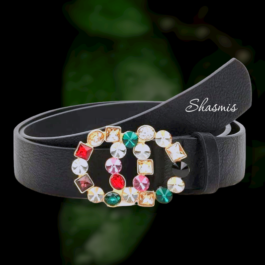 Black Belt with multi color Diamond Buckle