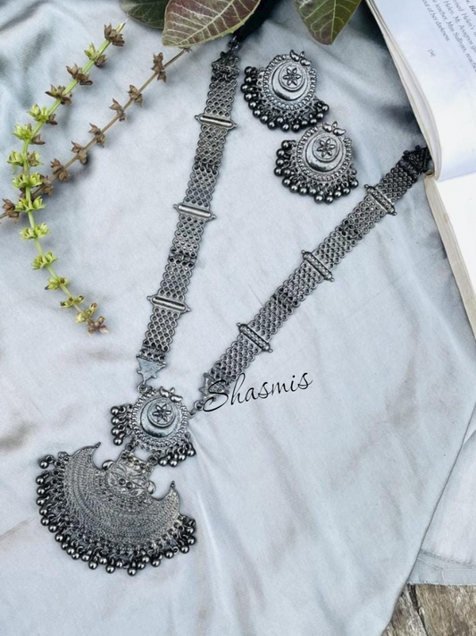 Long Silver Oxidised Necklace Set