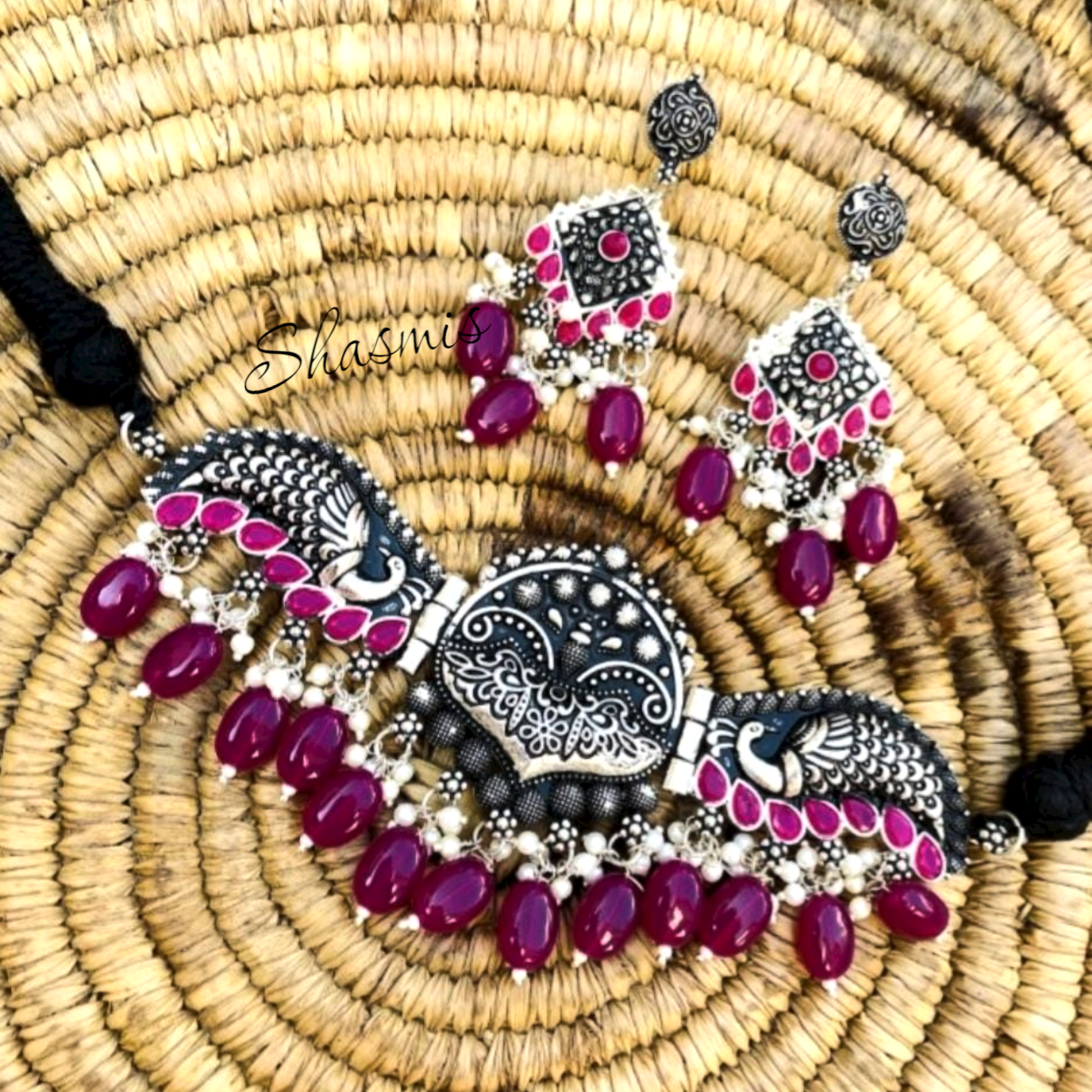 Dark Pink Stone Oxidised Necklace Choker Set