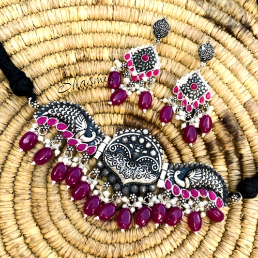 Dark Pink Stone Oxidised Necklace Choker Set