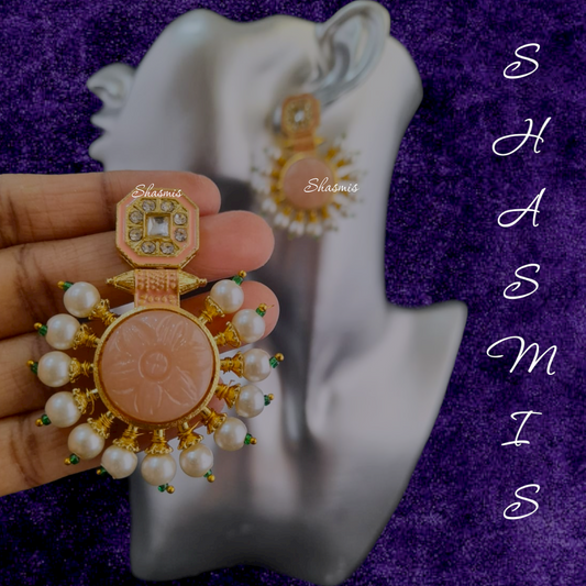 Light Orange Druzy Stone Pearl Earrings