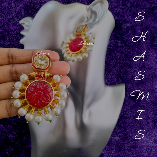 Red Druzy Stone Pearl Earrings