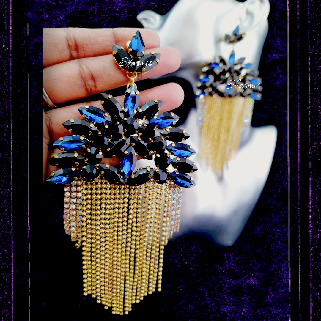 Black And Blue Crystal Long Earrings