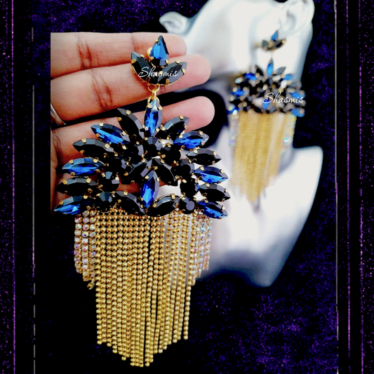 Black And Blue Crystal Long Earrings