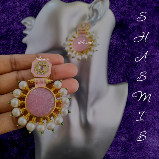 Pink Druzy Stone Pearl Earrings