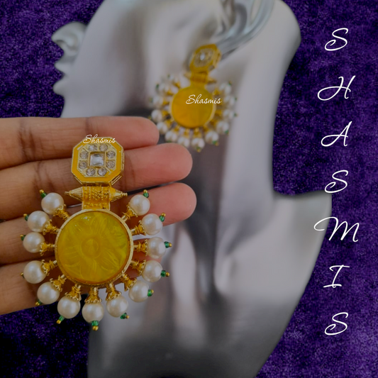 Yellow Druzy Stone Pearl Earrings