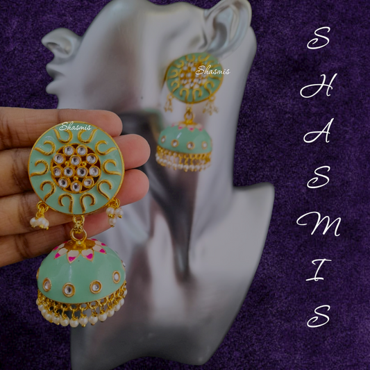 Mint-Green Jhumka Pearl On Drop Earrings