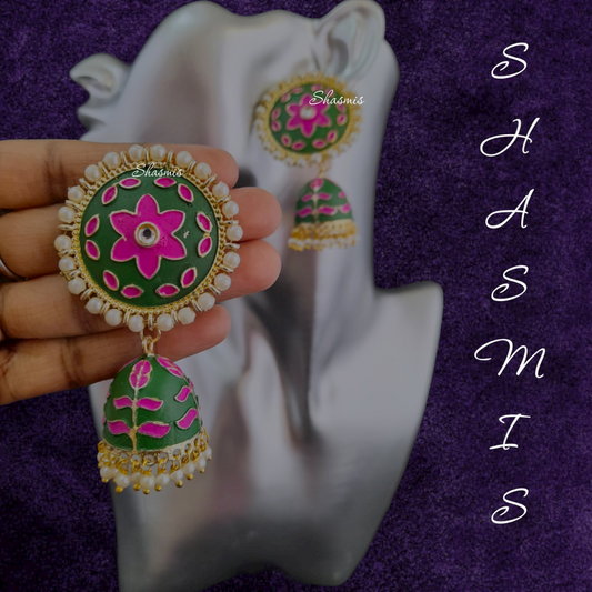 Green Pink Pearl Jhumka Earrings