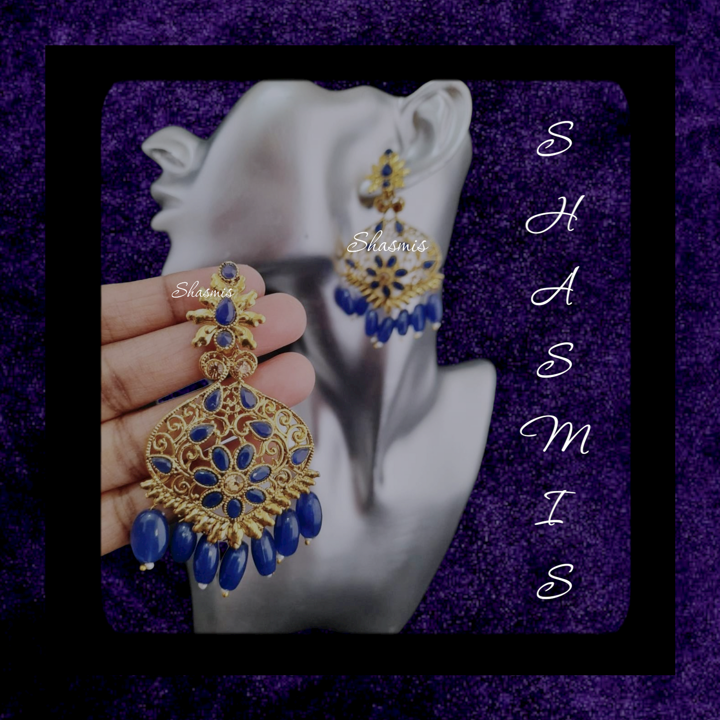 Blue Shade Golden Tone Earrings
