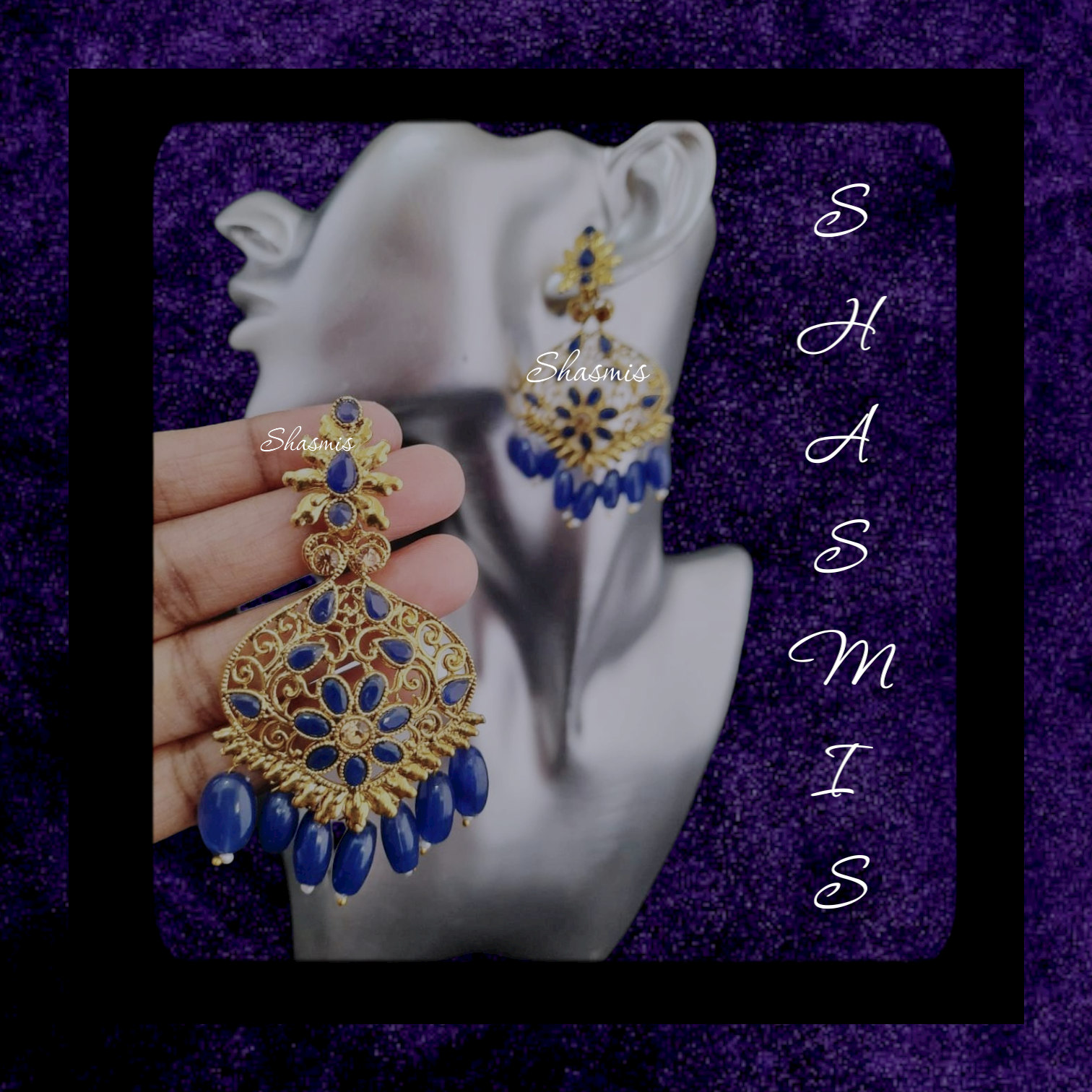 Blue Shade Golden Tone Earrings