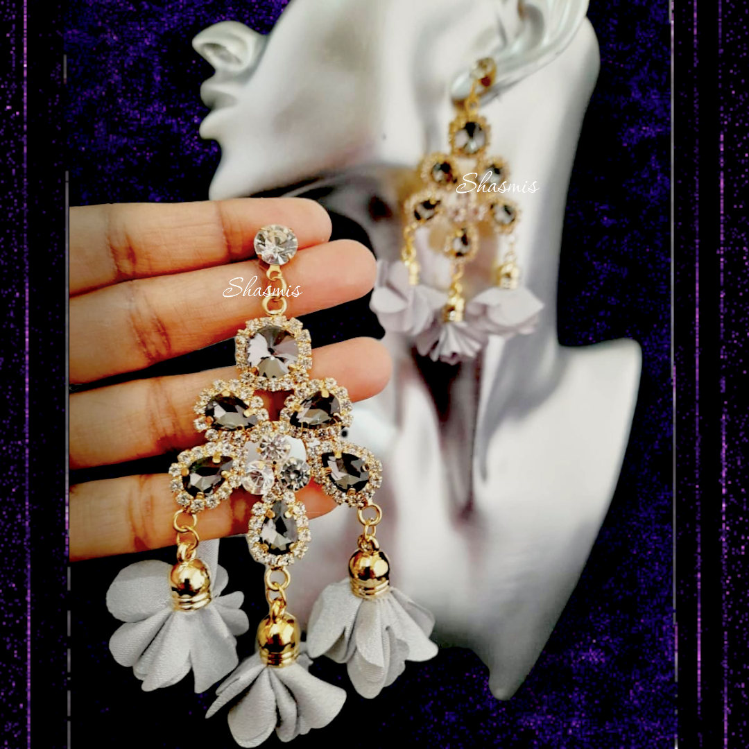 Grey Diamong Flower Hanging Earrings