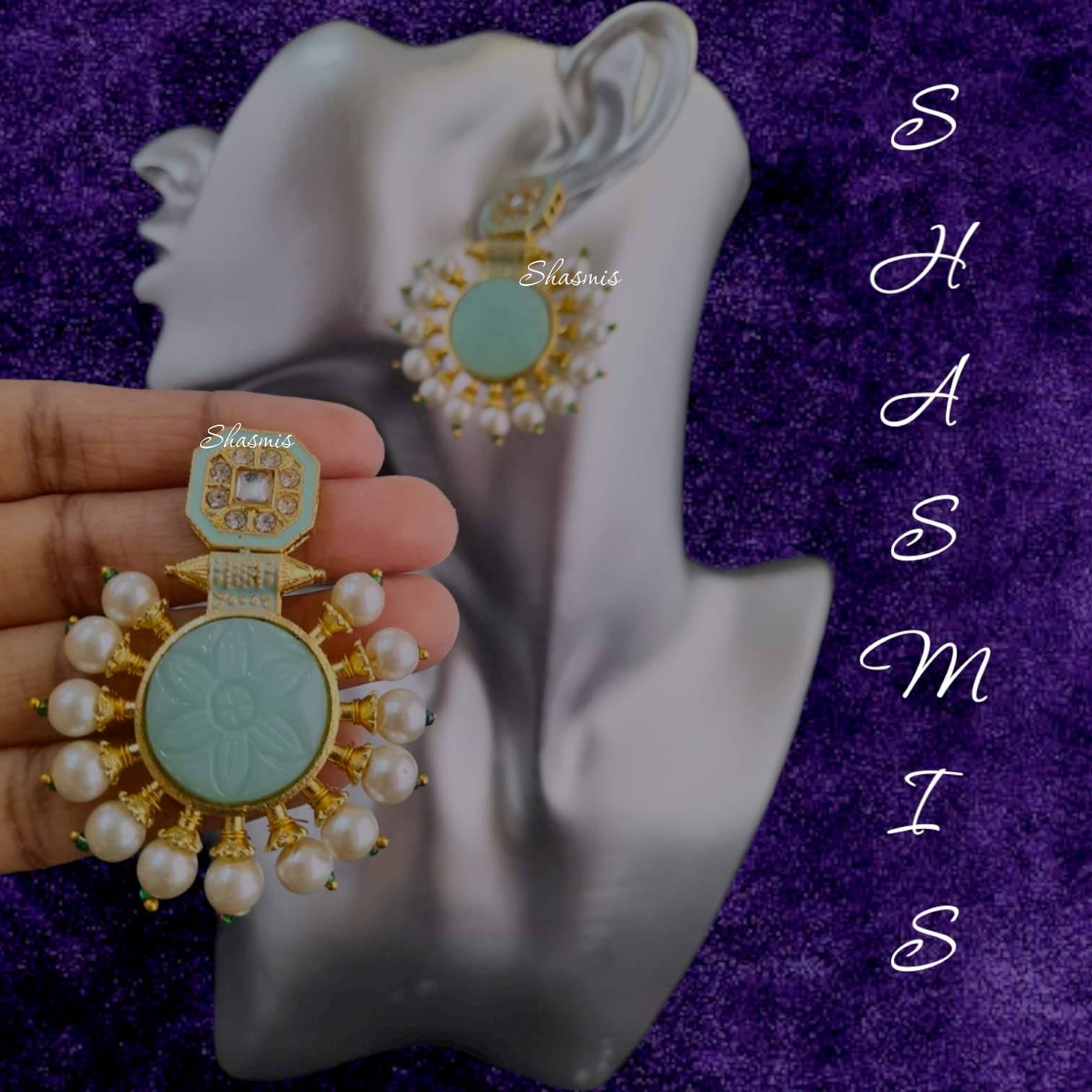 Mint Green Druzy Stone Pearl Earrings