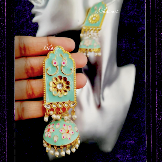 Kundan Design Turquoise Colour Earrings