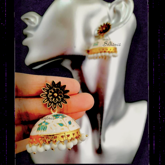Gold Plated White And Blue Jhumka Earrings