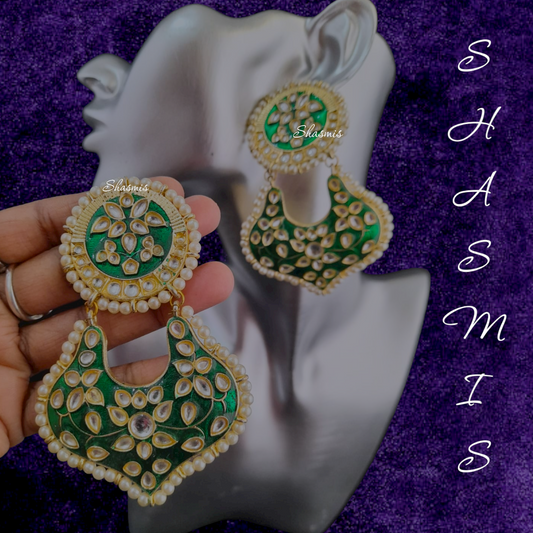 Green Drop Kundan Pearl Earrings
