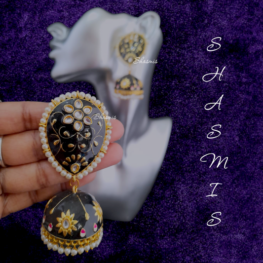 Black Kundan Polki Meenakari Jhumkas Earrings