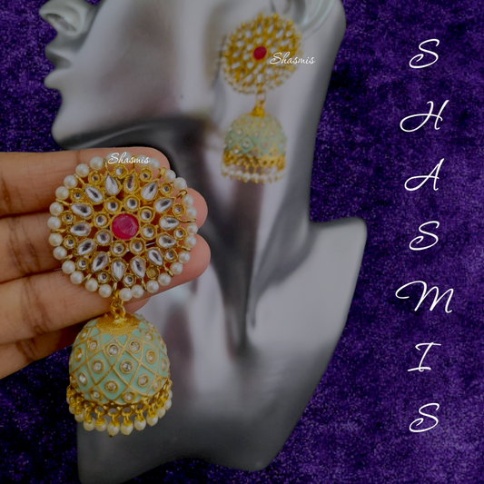 Mint Green Meenakari Jhumka Earrings