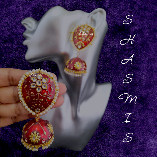 Red Kundan Polki Jhumkas Earrings 