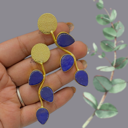 Blue Druzy Leaf Design Stone Earrings