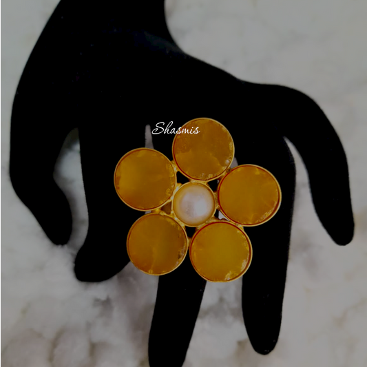 White Pearl With Yellow Druzy Stone Ring