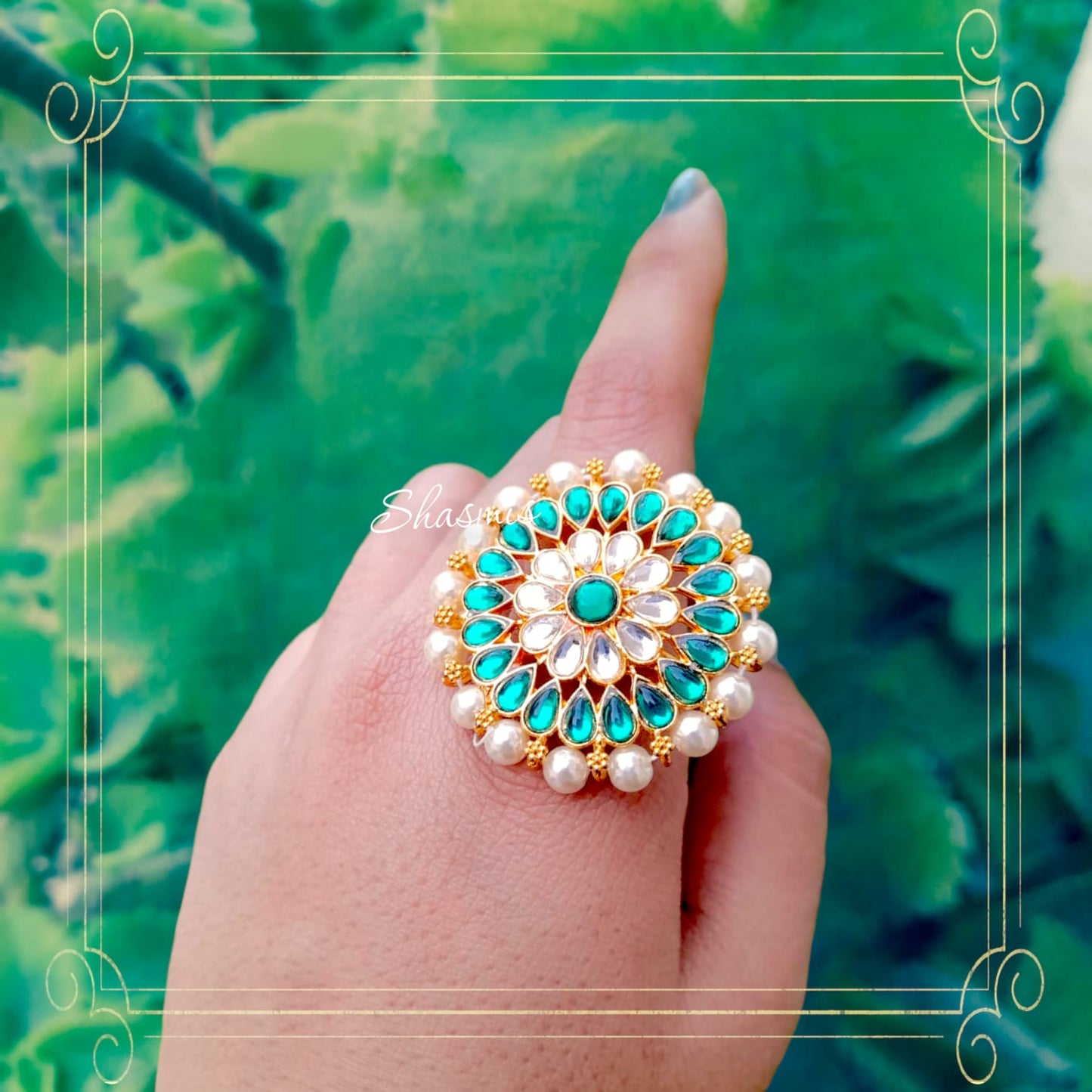 Kundan Green And Pearl Ring
