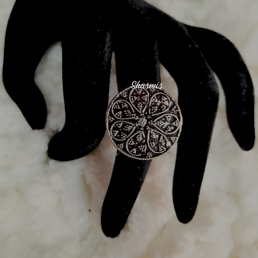 Flower Oxidised Silver Drop Ring 
