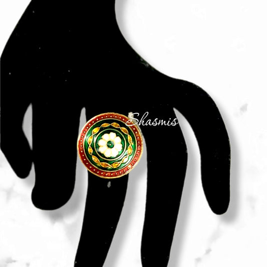 White Flower With Golden Design Meenakari Ring