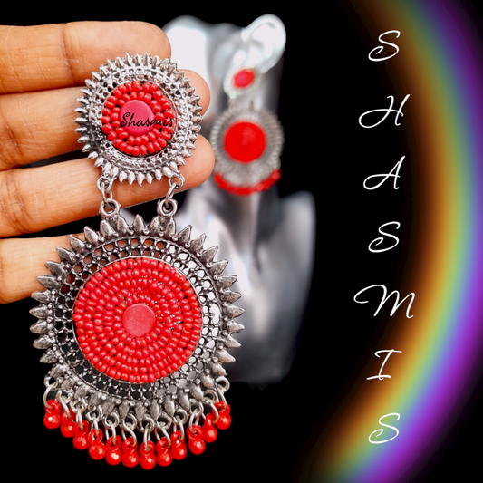 Red Colour Long Silver Drop Earrings