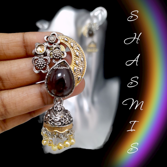 Brown Stone With Gold and Silver Plating Earrings