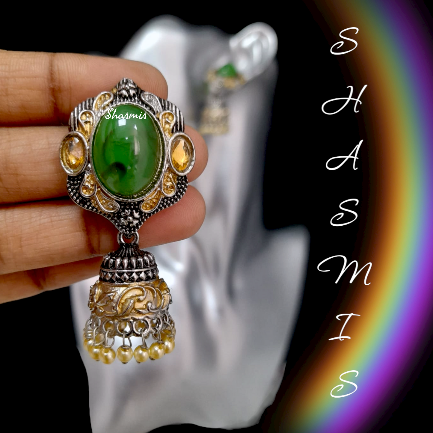 Green Stone Gold And Silver Plated Earrings