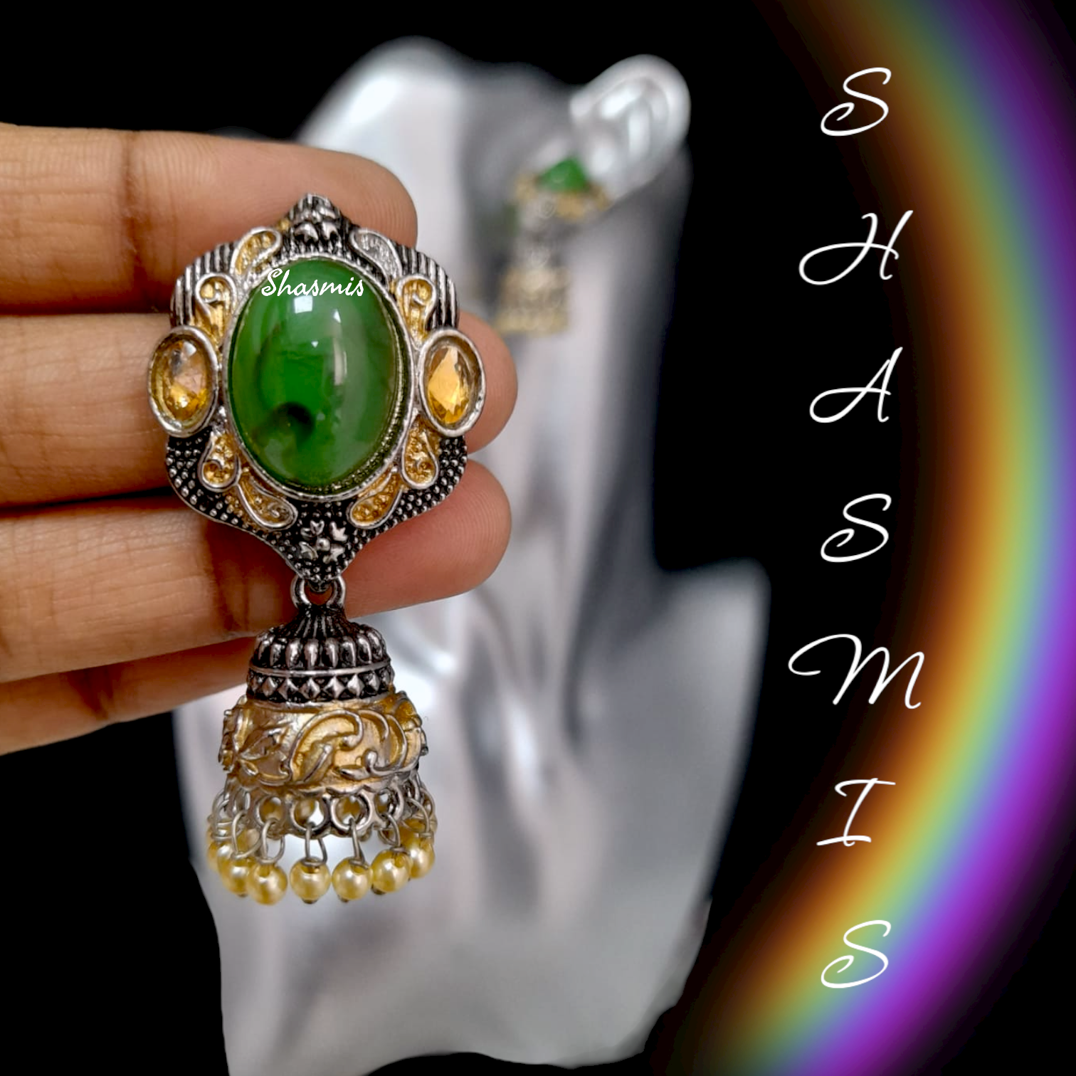Green Stone Gold And Silver Plated Earrings