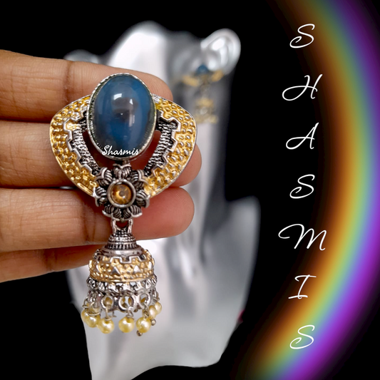 Blue Stone With Gold And Silver Plating Earrings