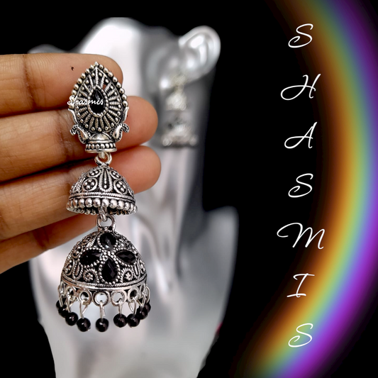 Black Silver Jhumka Earrings