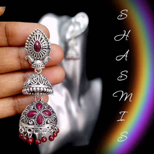Maroon Silver Oxidised Jhumka Earrings