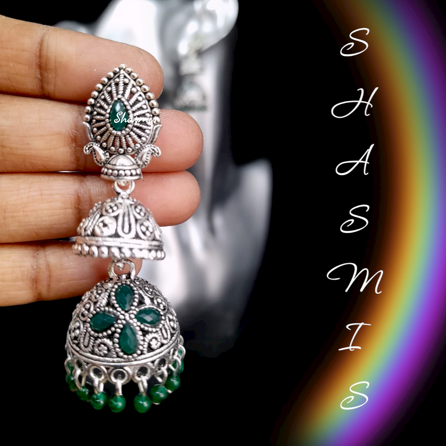 Green Silver Jhumka Earrings