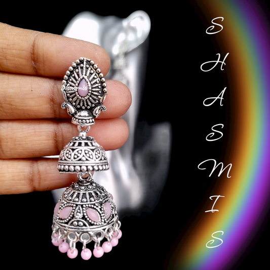 Pink Silver Oxidised Jhumkas Earrings