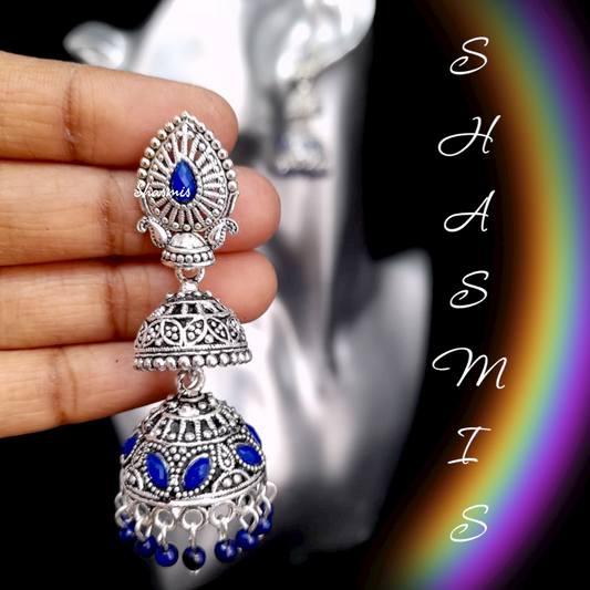 Blue Silver Oxidised Jhumka Earrings