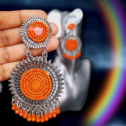 Orange Beads Oxidised Jhumka Earrings
