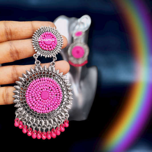 Pink Beads Oxidised Earrings