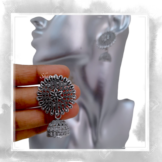 Flower Oxidised Silver Jhumka Earrings