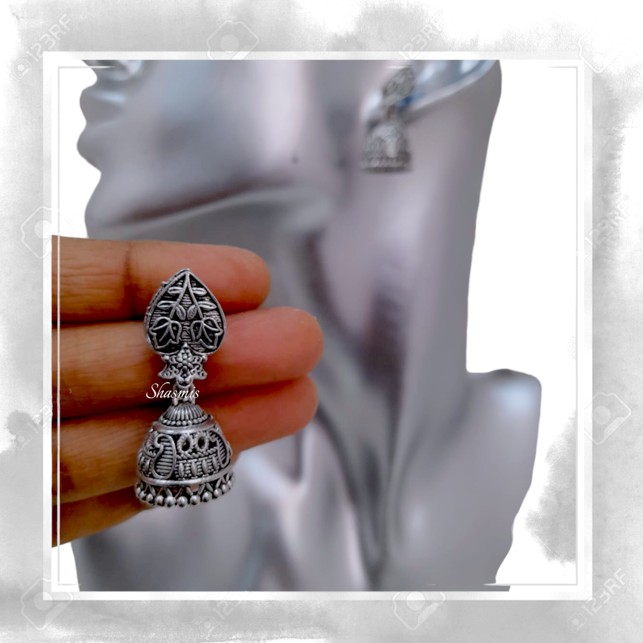 Flower Silver Oxidised Jhumka Earrings