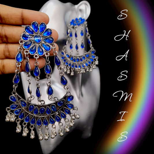 Blue Long Drop Silver Oxidised Earrings