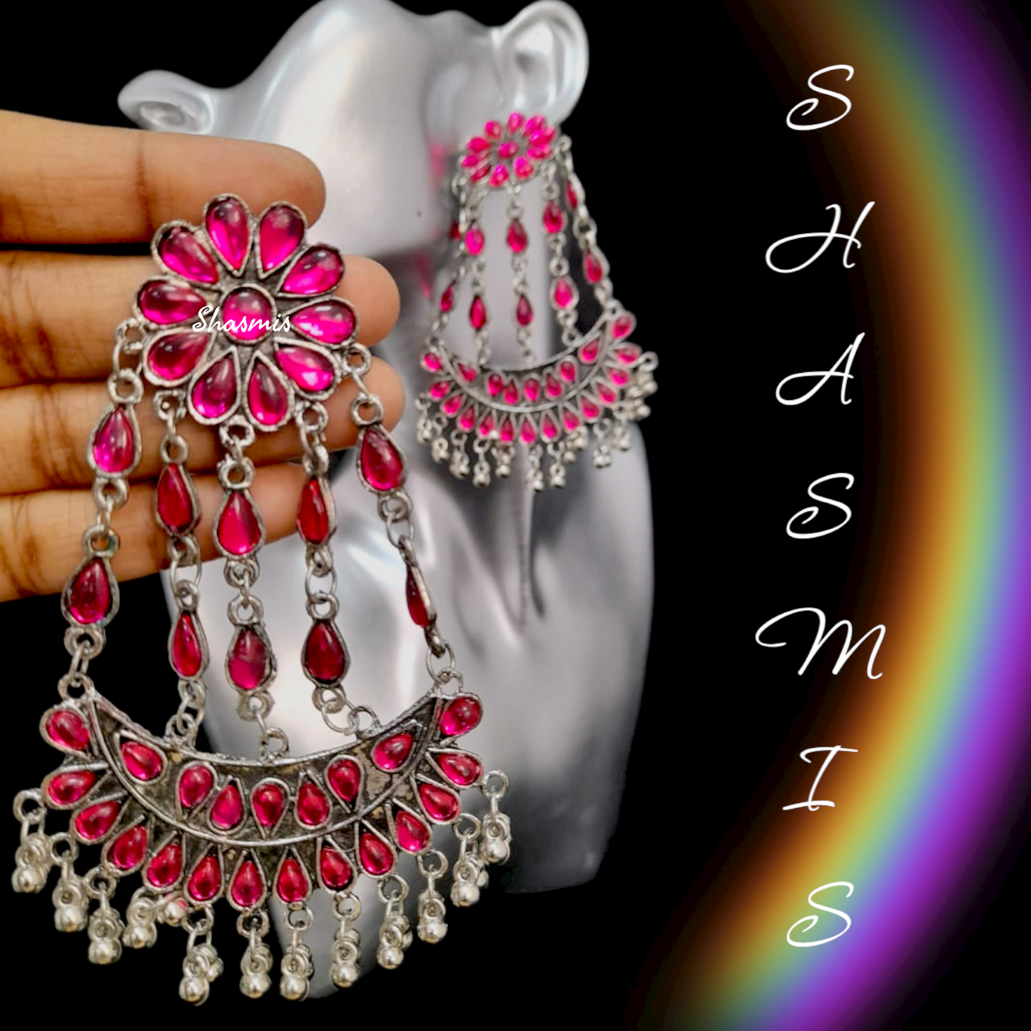Pink Long Drop Silver Oxidised Earrings