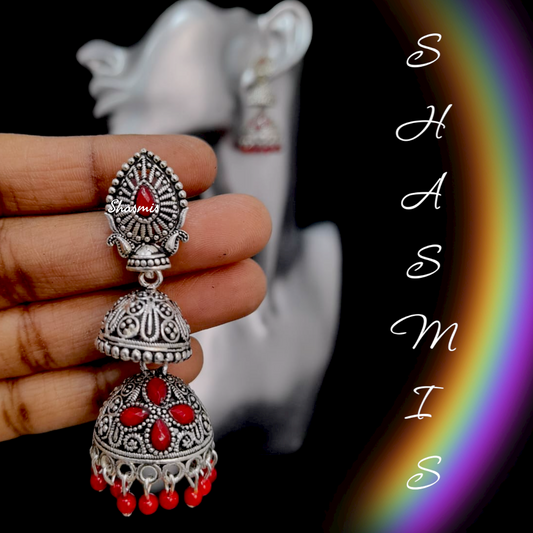 Red Drop Silver Jhumka Oxidised