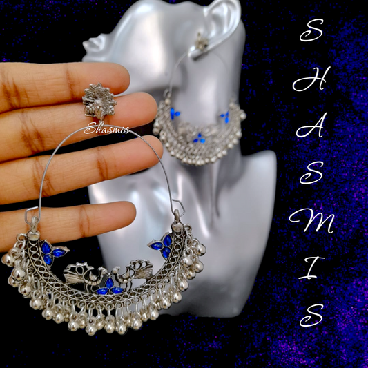 Blue Long Drop Earrings With Ghungroo